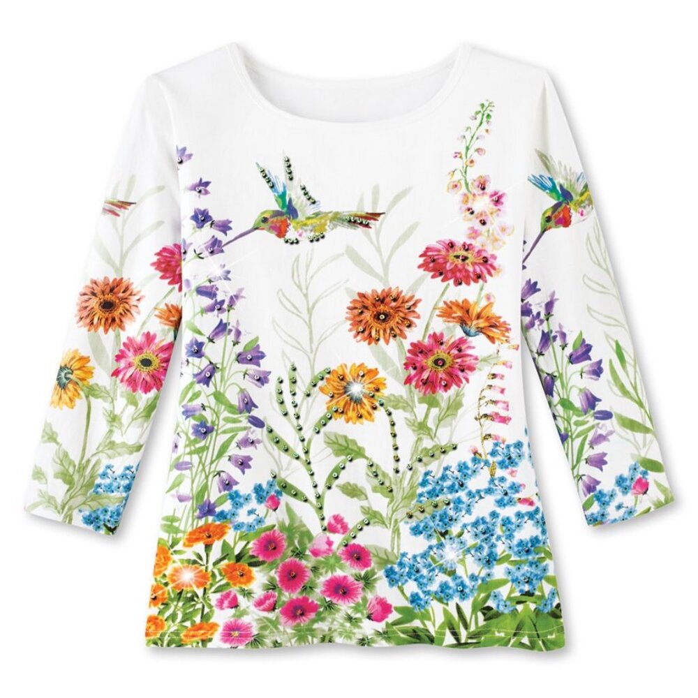 New XXL White Sparkling Sequin Floral Garden Hummingbird 3/4 Sleeves Knit Top